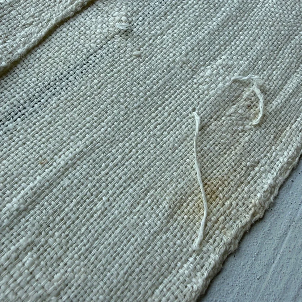 Vintage Handwoven Linen Textile Table Runner Cream White Fringe Frayed Edge 42in